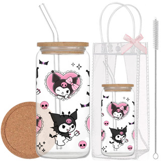 Cốc Thủy Tinh Thỏ Đen 500ml, Ly Thủy Tinh Nắp Tre 16Oz Chịu Nhiệt Kèm Phụ Kiện, Quà Tặng Sinh Nhật