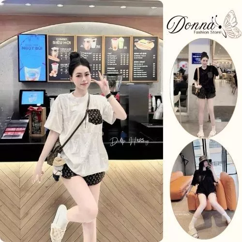 đồ bộ nữ , set đồ nữ áo thun 2 màu phối quần short ngắn màu nâu tây in chữ hottrend donna hcom25413