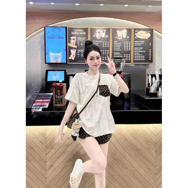 đồ bộ nữ , set đồ nữ áo thun 2 màu phối quần short ngắn màu nâu tây in chữ  hottrend donna hcom25413