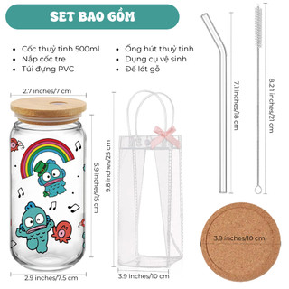 Cốc Thủy Tinh Cá Hề 500ml, Ly Thủy Tinh Nắp Tre 16Oz Chịu Nhiệt Kèm Phụ Kiện, Quà Tặng Sinh Nhật