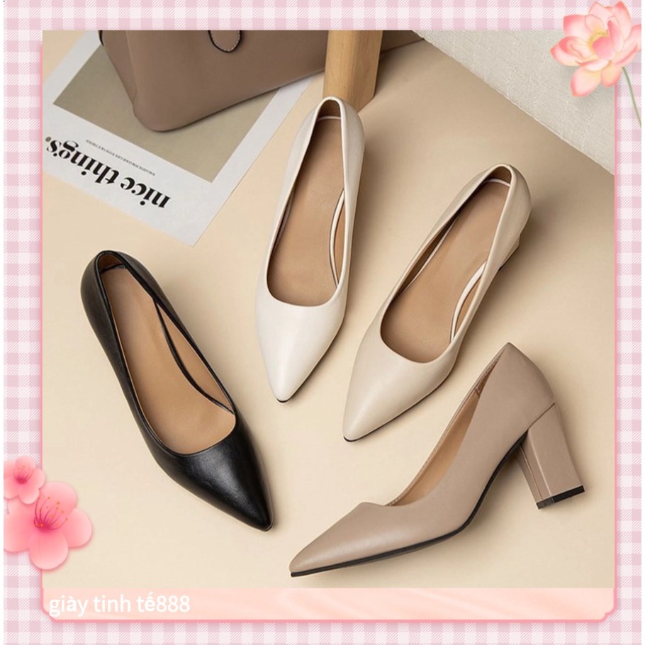 🔥Còn hàng🔥Giày cao gót 7 cm mũi nhọn thiết kế gót vuông, có 4 màu（ cỡ 35-42）