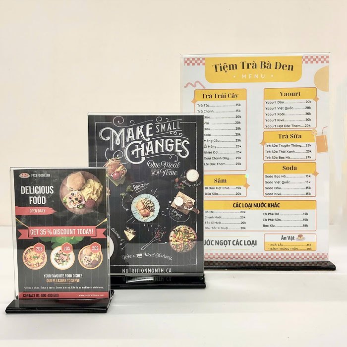 Menu MICA kích thước A4, A5, A6 đứng đế T uốn, Mica để bàn cao cấp ...