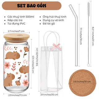 Cốc Thủy Tinh Capybara1 500ml, Ly Thủy Tinh Nắp Tre 16Oz Chịu Nhiệt Kèm Phụ Kiện, Quà Tặng Sinh Nhật
