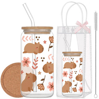 Cốc Thủy Tinh Capybara1 500ml, Ly Thủy Tinh Nắp Tre 16Oz Chịu Nhiệt Kèm Phụ Kiện, Quà Tặng Sinh Nhật