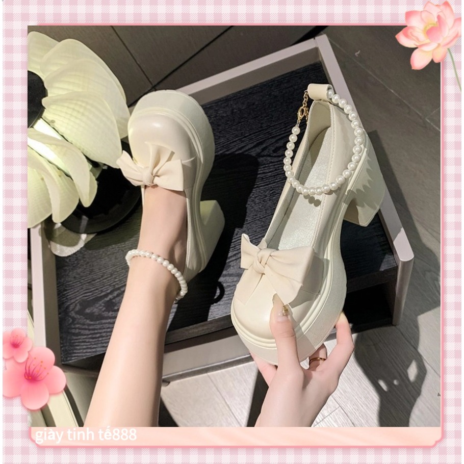 🔥Còn hàng🔥Lolita Giày Búp Bê Nữ 7p,Quai ngọc Mũi Nơ Đế cao,đen và trắng(Lấy lùi 1 size)