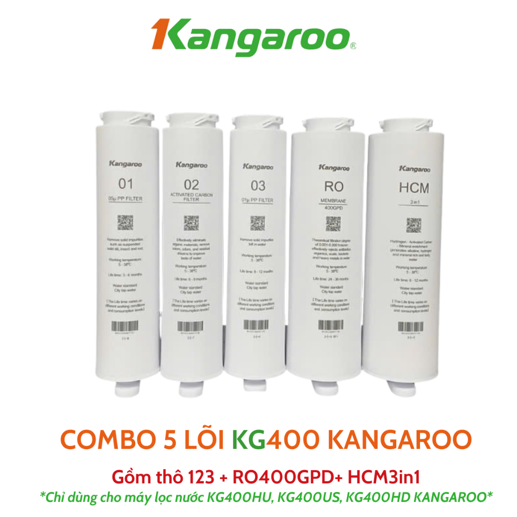 Combo 5 Lõi KG400HU Kangaroo Hàng Chính Hãng Gồm Bộ Thô 123 Màng RO 400GPD Lõi Khoáng HCM 3in1 Model 400HU,US,HD,...