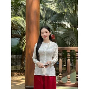 Hân Nguyễn Áo Bà Ba - B.A134 -Áo Bà Ba Gấm Tơ Thêu Lông Vũ 2 Da Cài Nút Tay Dài