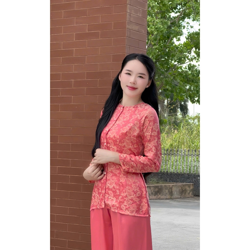 Hân Nguyễn Áo Bà Ba - B.A134 -Áo Lẻ Bà Ba Gấm Tơ Thêu Lông Vũ 2 Da Cài Nút Tay Dài