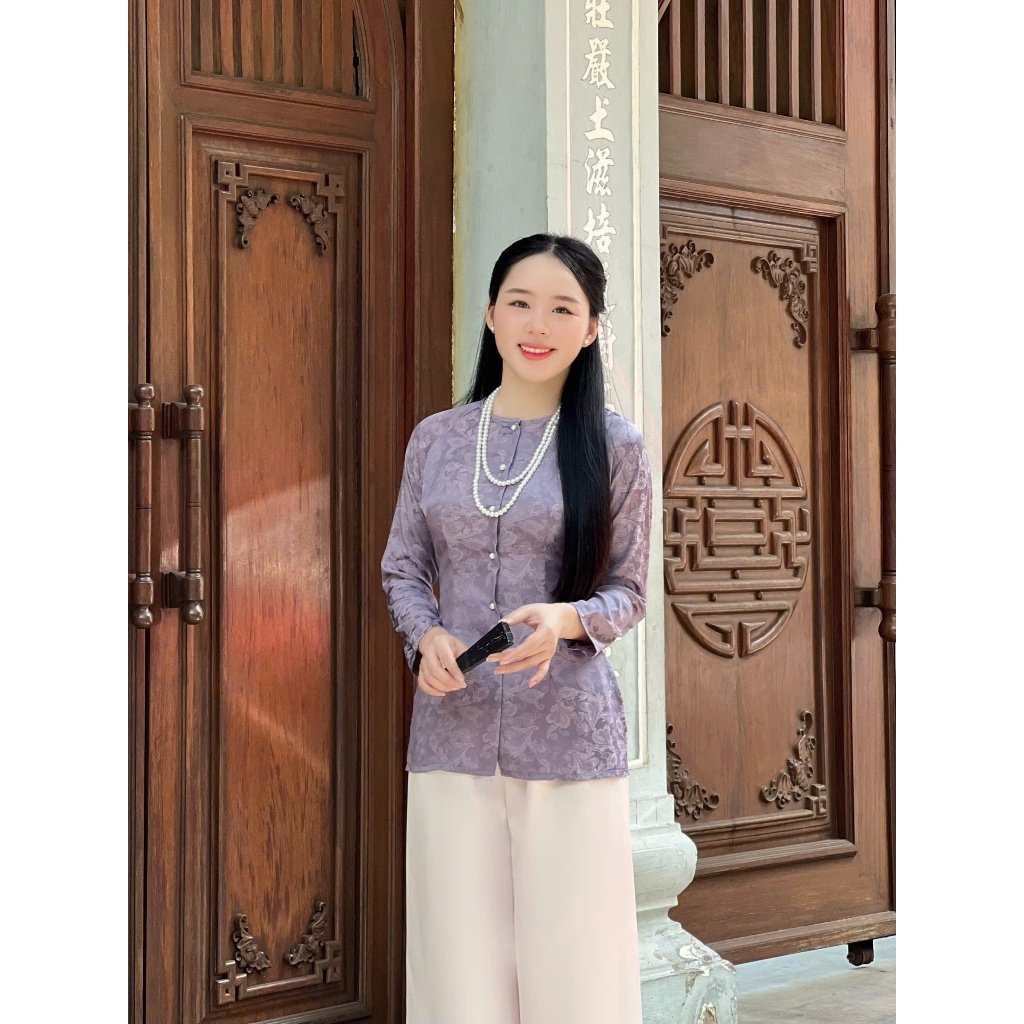 Hân Nguyễn Áo Bà Ba - B.A134 -Áo Lẻ Bà Ba Gấm Tơ Thêu Lông Vũ 2 Da Cài Nút Tay Dài