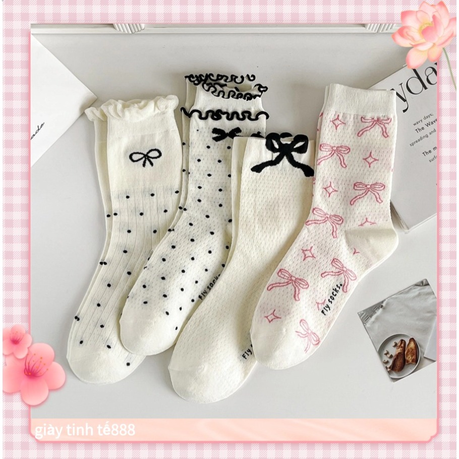 🔥Còn hàng🔥Tất nơ tất dài đến bắp chân, tất công chúa tất trắng cotton nguyên chất
