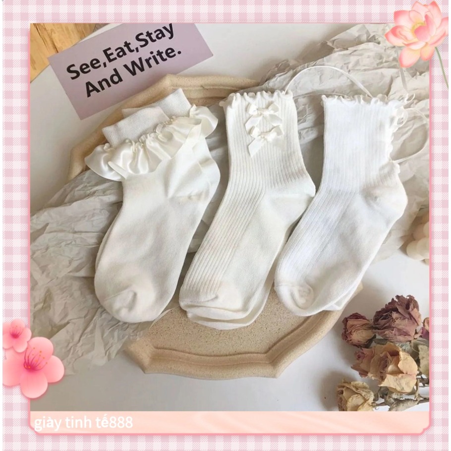 Tất nữ màu trắng tinh khiết, tất lolita, tất nơ ren