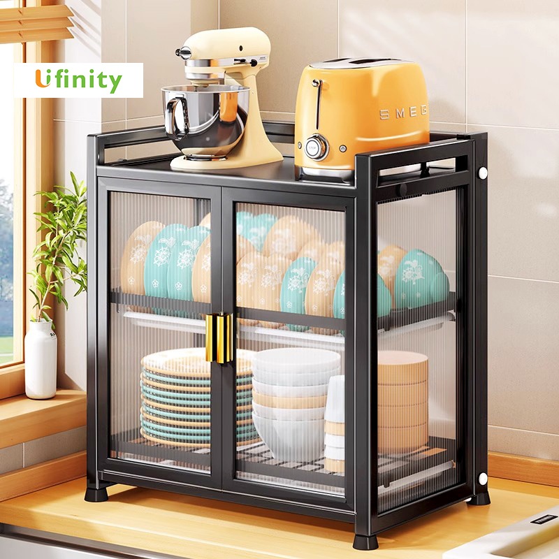 Lifinity Tủ đựng bát đĩa nhà bếp 3 tầng có tủ & ngăn kéo khung thép carbon đen chống gỉ