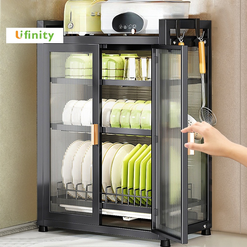 Lifinity Tủ đựng bát đĩa nhà bếp 3 tầng có tủ & ngăn kéo khung thép carbon đen chống gỉ