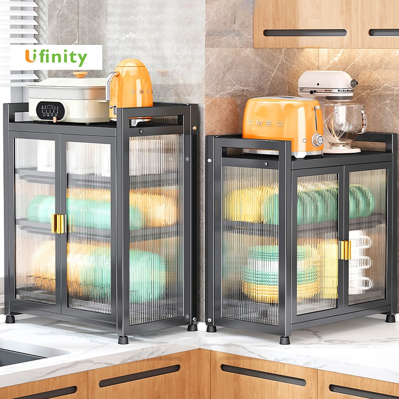 Lifinity Tủ đựng bát đĩa nhà bếp 3 tầng có tủ & ngăn kéo khung thép carbon đen chống gỉ