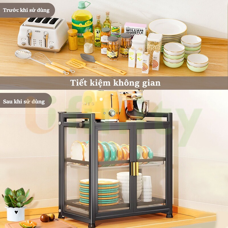 Lifinity Tủ đựng bát đĩa nhà bếp 3 tầng có tủ & ngăn kéo khung thép carbon đen chống gỉ