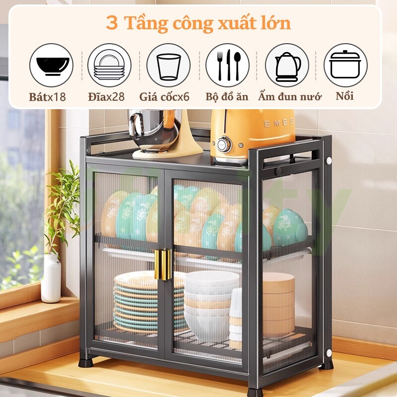 Lifinity Tủ đựng bát đĩa nhà bếp 3 tầng có tủ & ngăn kéo khung thép carbon đen chống gỉ