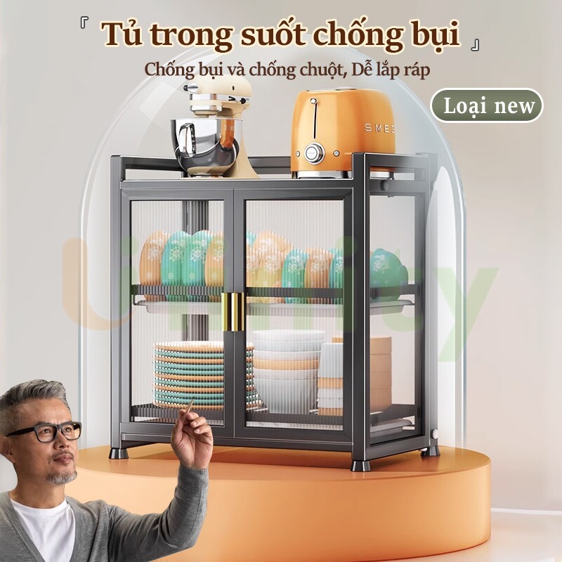 Lifinity Tủ đựng bát đĩa nhà bếp 3 tầng có tủ & ngăn kéo khung thép carbon đen chống gỉ