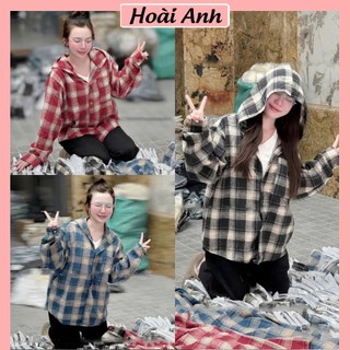 XẢ KHO 79K TRÊN LIVE Áo Chống Nắng Kẻ Caro Thô Mềm Có Mũ Cúc Bấm Áo Khoác Chống Nắng Có Nón Dài Tay