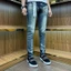 Quần Jeans nam xanh pơ pồ vàng kẻ ngang bốn cúc tang lụa