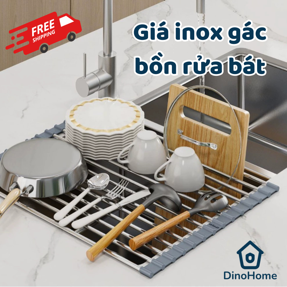 Giá inox gác bồn rửa chén đựng bát đĩa tiện lợi, Giá đựng hoa quả đa năng, ráo nước có thể điều chỉnh kích thước