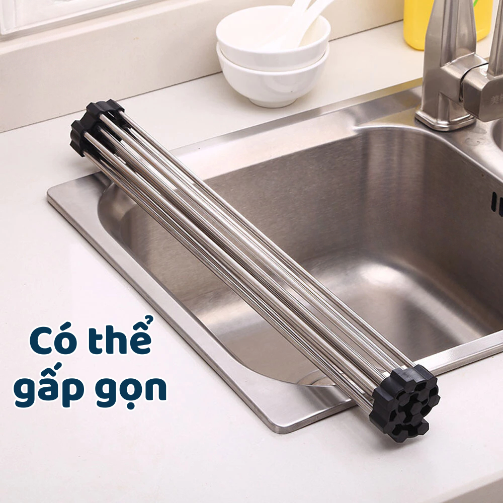Giá inox gác bồn rửa chén đựng bát đĩa tiện lợi, Giá đựng hoa quả đa năng, ráo nước có thể điều chỉnh kích thước