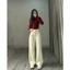 Quần jean ống rộng Hari ống suông màu kem đỉa đỏ ống 32cm