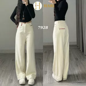 Quần jean ống rộng Hari ống suông màu kem đỉa đỏ ống 32cm