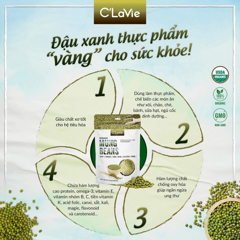 Đậu xanh nguyên hạt hữu cơ C'lavie Organic Mung Bean