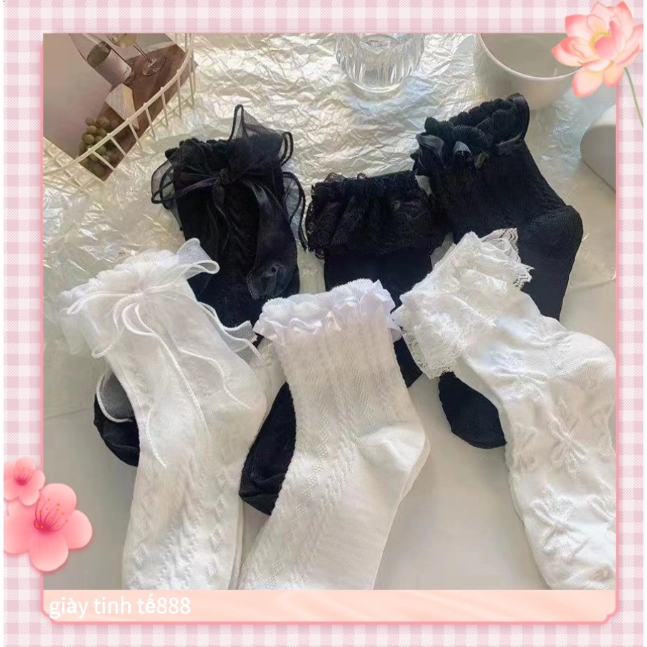 Tất lolita cho nữ tất ren nơ Chất liệu cotton thoáng mát, thấm hút mồ hôi