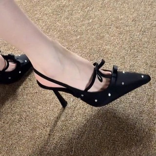 (Sẵn sz 40) Giày Cao Gót Mũi Nhọn Hở Lưng Gợi Cảm Đính Đá Cao 7 Phân Dành Cho Phái Nữ
