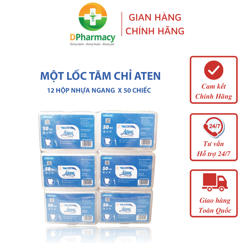 LỐC tăm chỉ nha khoa ATEN, 12 hộp nhựa ngang, mỗi hộp 50 chiếc, sợ siêu mảnh, vệ sinh kẽ răng tốt