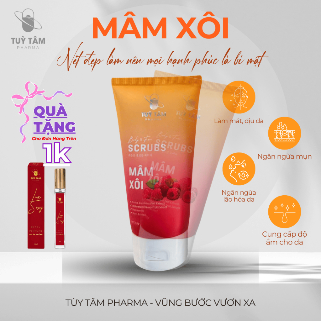 Tẩy tế bào chêt Mâm xôi - Tùy Tâm Pharma - Sạch tế chết, Da sáng, mềm mịn - 150g