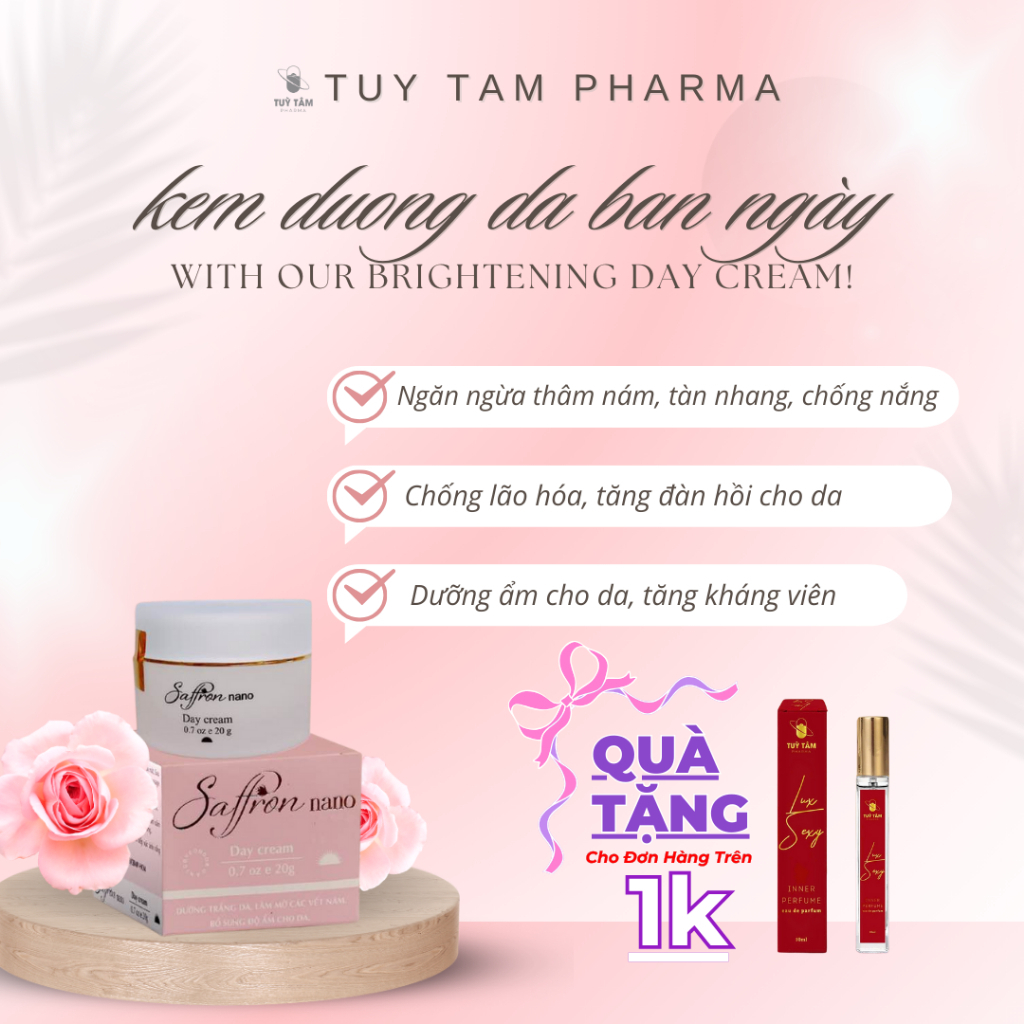 Kem dưỡng ẩm trắng da, chống lão hoá, căng bóng và trẻ hoá Tùy Tâm pharma - ban ngày và ban đêm Saffron nano