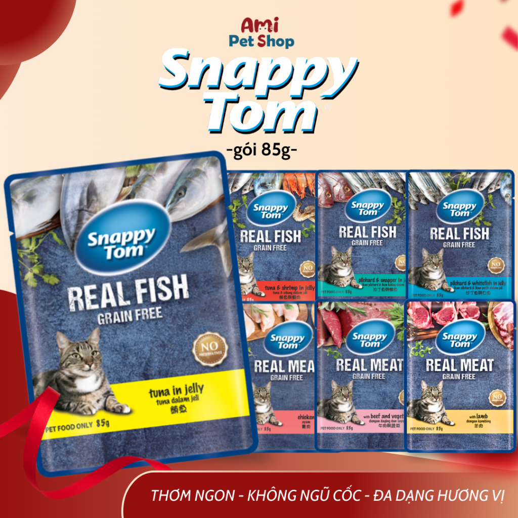 (CHÍNH HÃNG) Pate Snappy Tom Real Fish/ Real Meal gói 85gr cho mèo ...