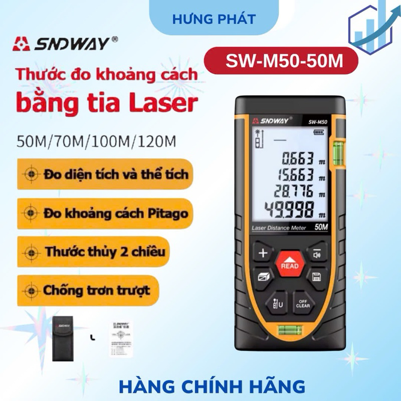 Thước đo khoảng cách bằng tia laser SNDWAY SW-M50/M70/M100 kết hợp bọt thủy ngang và dọc.
