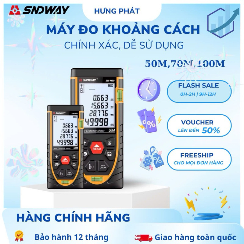 Thước đo khoảng cách bằng tia laser SNDWAY SW-M50/M70/M100 kết hợp bọt thủy ngang và dọc.