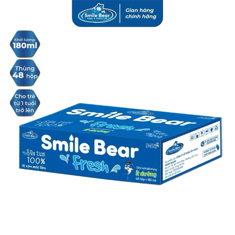Sữa tươi Smile Bear Fresh ít đường - Thùng 48 hộp 110ml-180ml