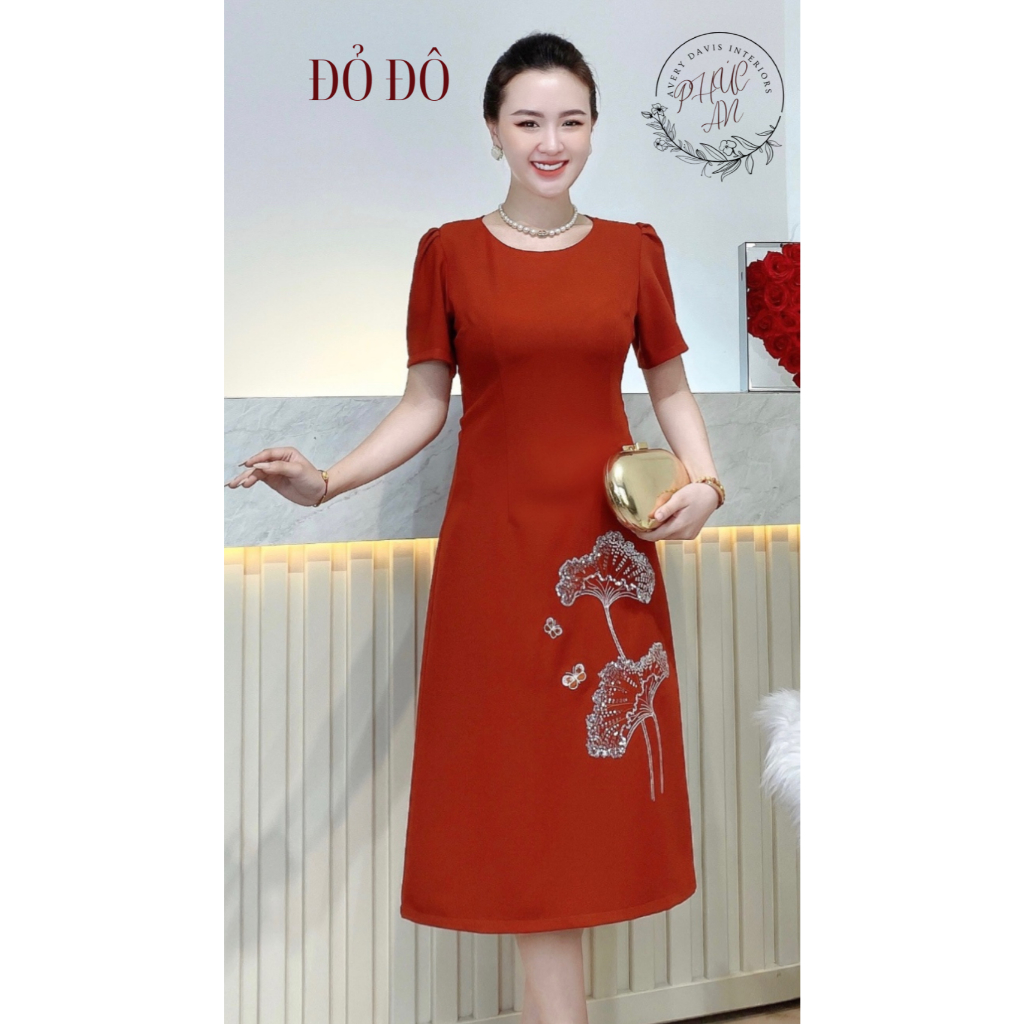 Thời trang Trung niên-Dự tiệc-Đầm-Váy- thêu  cao cấp Lá Sen kim sa phale