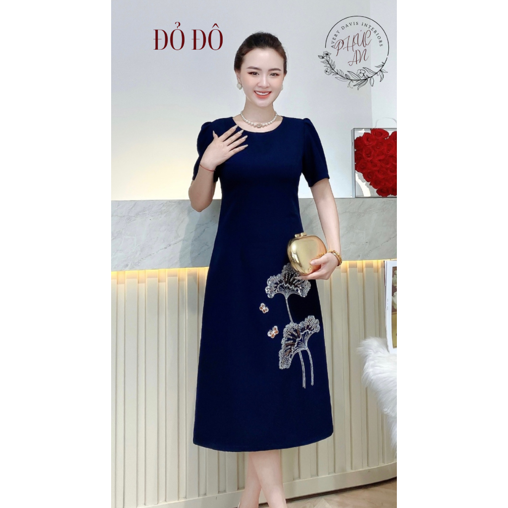 Thời trang Trung niên-Dự tiệc-Đầm-Váy- thêu  cao cấp Lá Sen kim sa phale