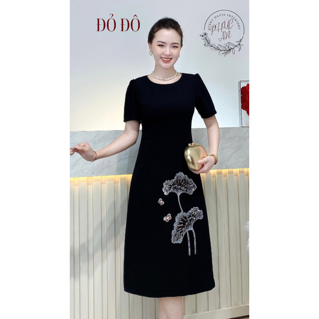 Thời trang Trung niên-Dự tiệc-Đầm-Váy- thêu  cao cấp Lá Sen kim sa phale