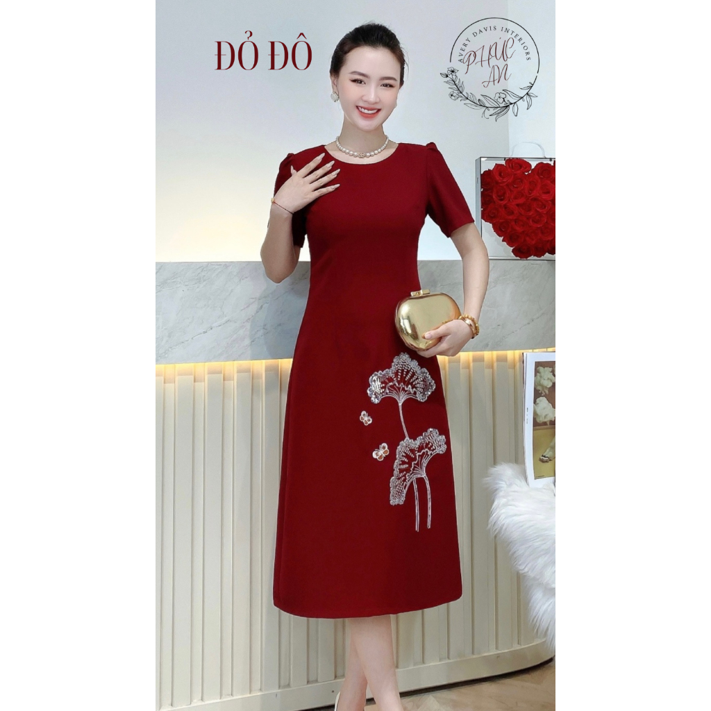 Thời trang Trung niên-Dự tiệc-Đầm-Váy- thêu  cao cấp Lá Sen kim sa phale