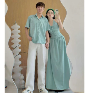 Set đồ đôi- Áo váy sơ mi cặp đôi màu xanh ngọc váy cổ yếm dáng dài maxi kèm tag hoa