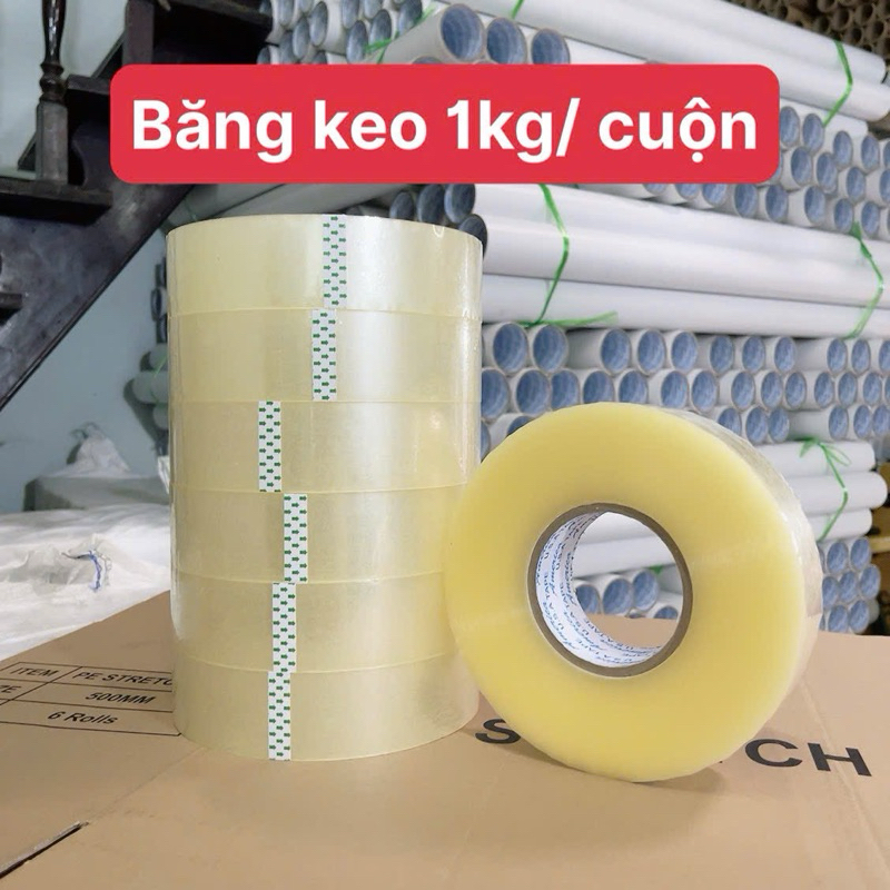 Băng keo trong, đục cuộn 1 kg lõi giấy mỏng, băng dính cuộn nặng 1kg ...