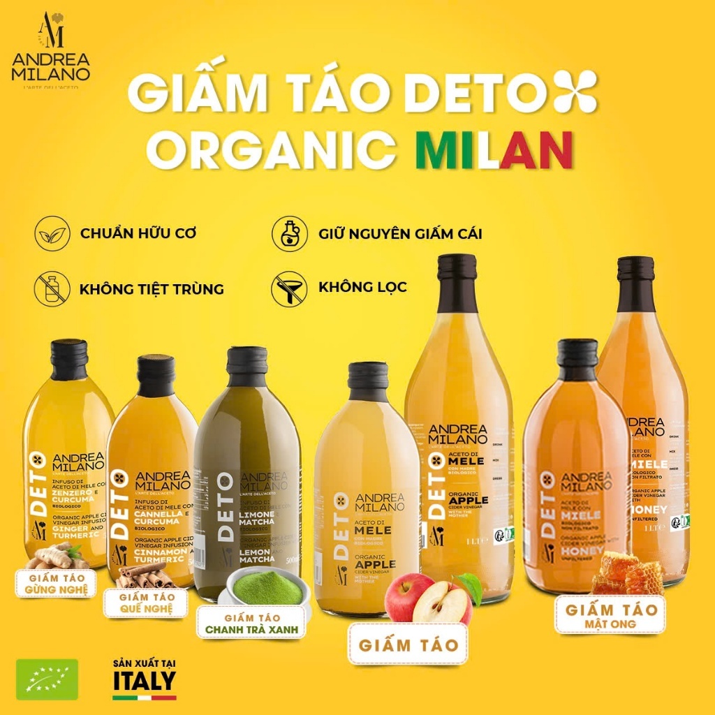 Giấm Táo Detox Hữu Cơ Có Giấm Cái Milan ANDREA MILANO Organic Apple Cider Vinegar With The Mother