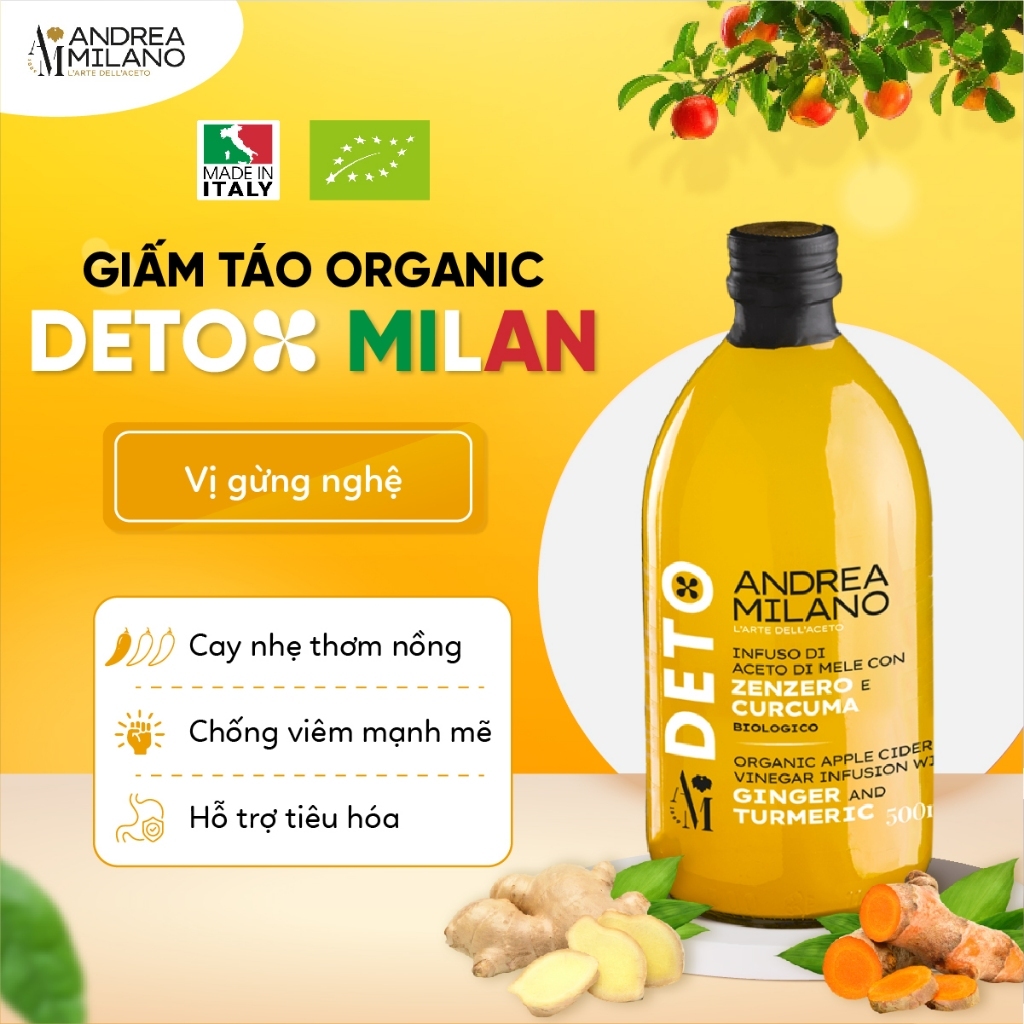 Giấm Táo Detox Hữu Cơ Có Giấm Cái Milan ANDREA MILANO Organic Apple Cider Vinegar With The Mother