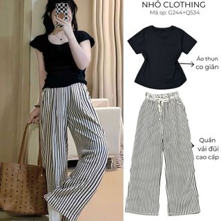 Set đồ big size nữ áo thun trơn co giãn phối quần xuông kẻ sọc hottrend lưng chun thoải mái mặc thoáng mát - SET972