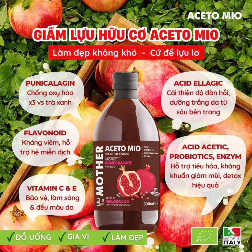 Giấm Lựu Hữu Cơ có giấm cái Organic Pomegranate Vinegar 500ml Aceto Mio/ Andrea Milano