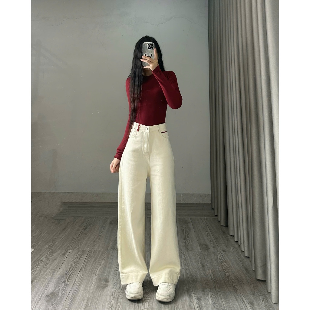 Quần jean ống rộng Joolate ống suông màu kem đỉa đỏ ống 32cm