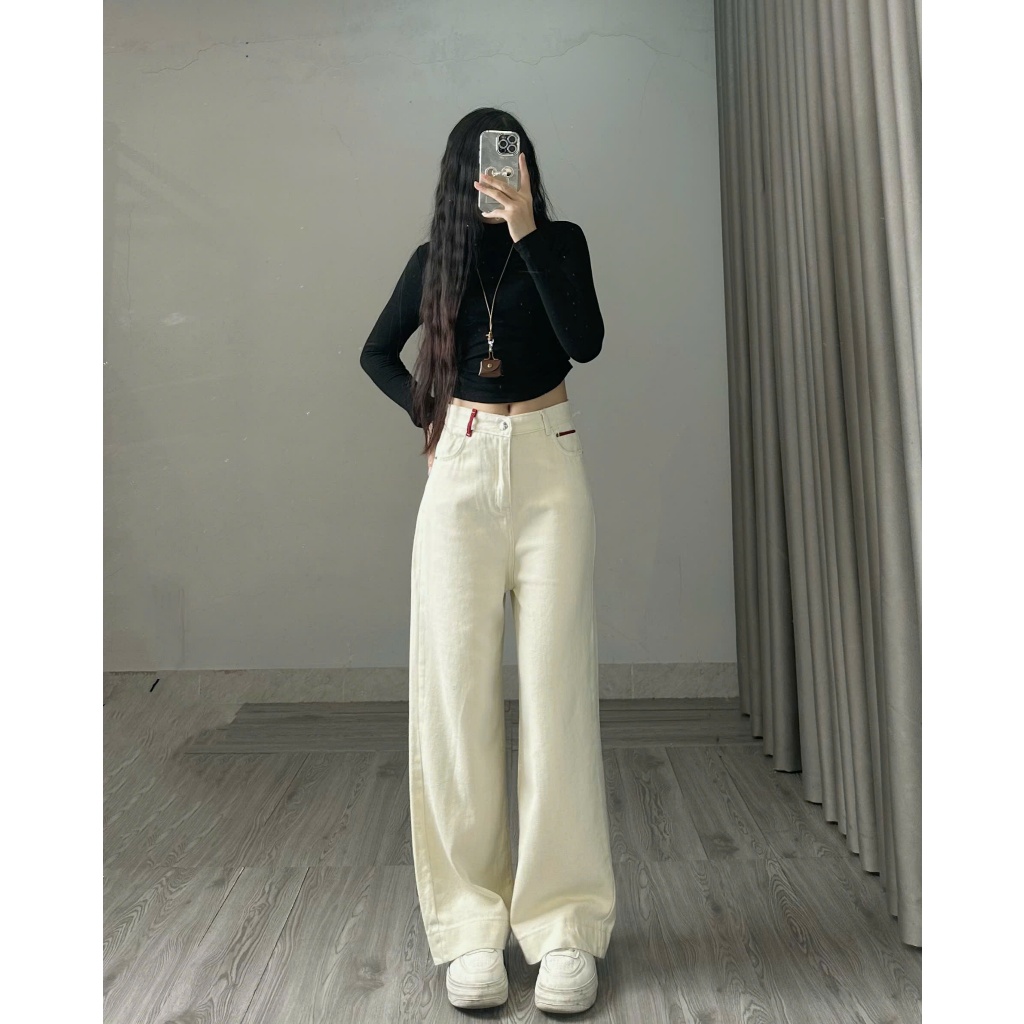 Quần jean ống rộng Joolate ống suông màu kem đỉa đỏ ống 32cm
