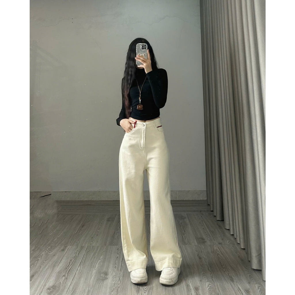 Quần jean ống rộng Joolate ống suông màu kem đỉa đỏ ống 32cm